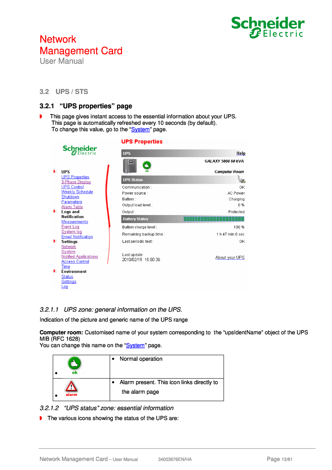 Schneider Electric 66074, 66846 Ups / Sts, 3.2.1 “UPS properties” page, Network Management Card, User Manual, Page 13/81 