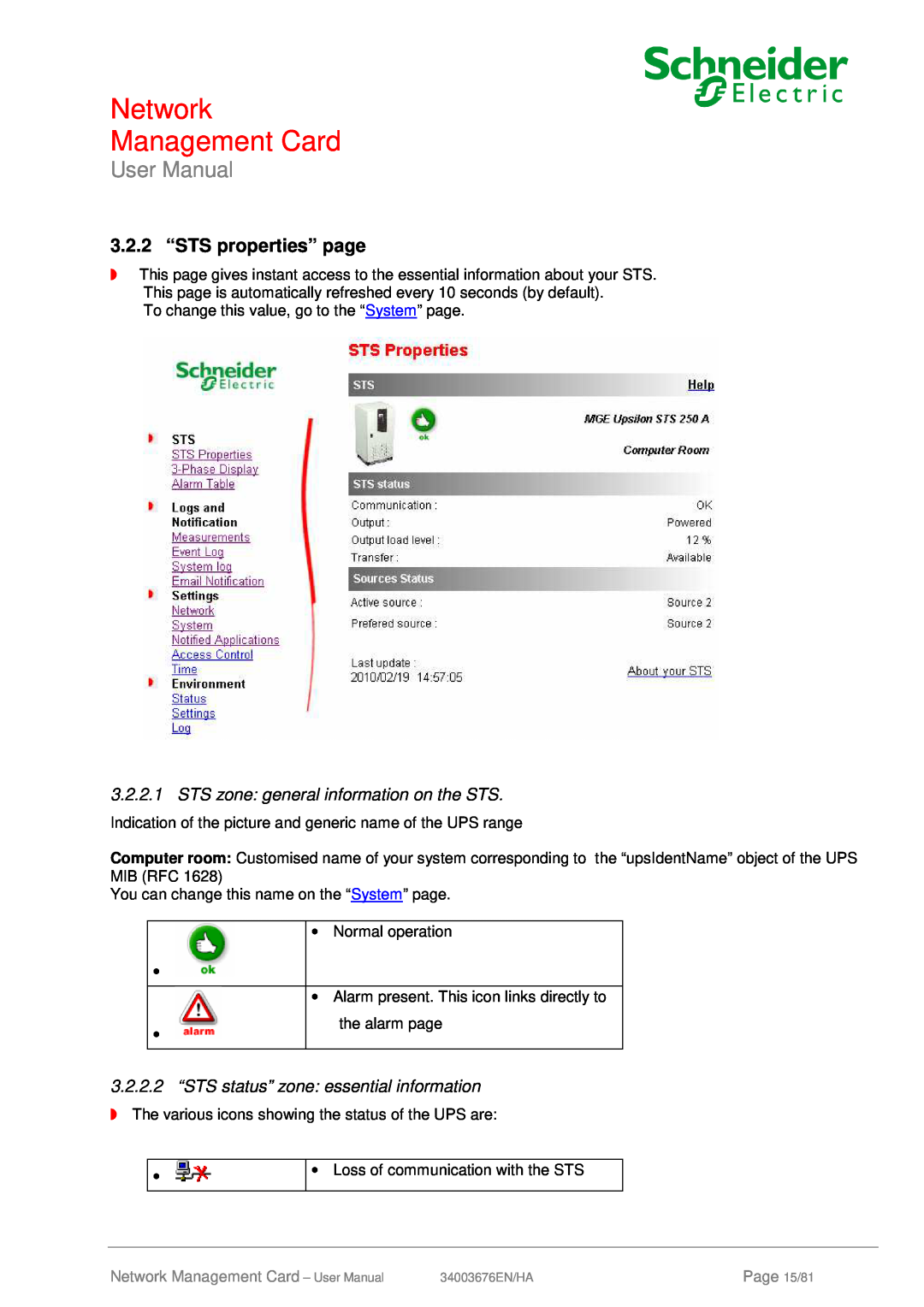 Schneider Electric 66074, 66846 user manual 3.2.2 “STS properties” page, Network Management Card, User Manual, Page 15/81 