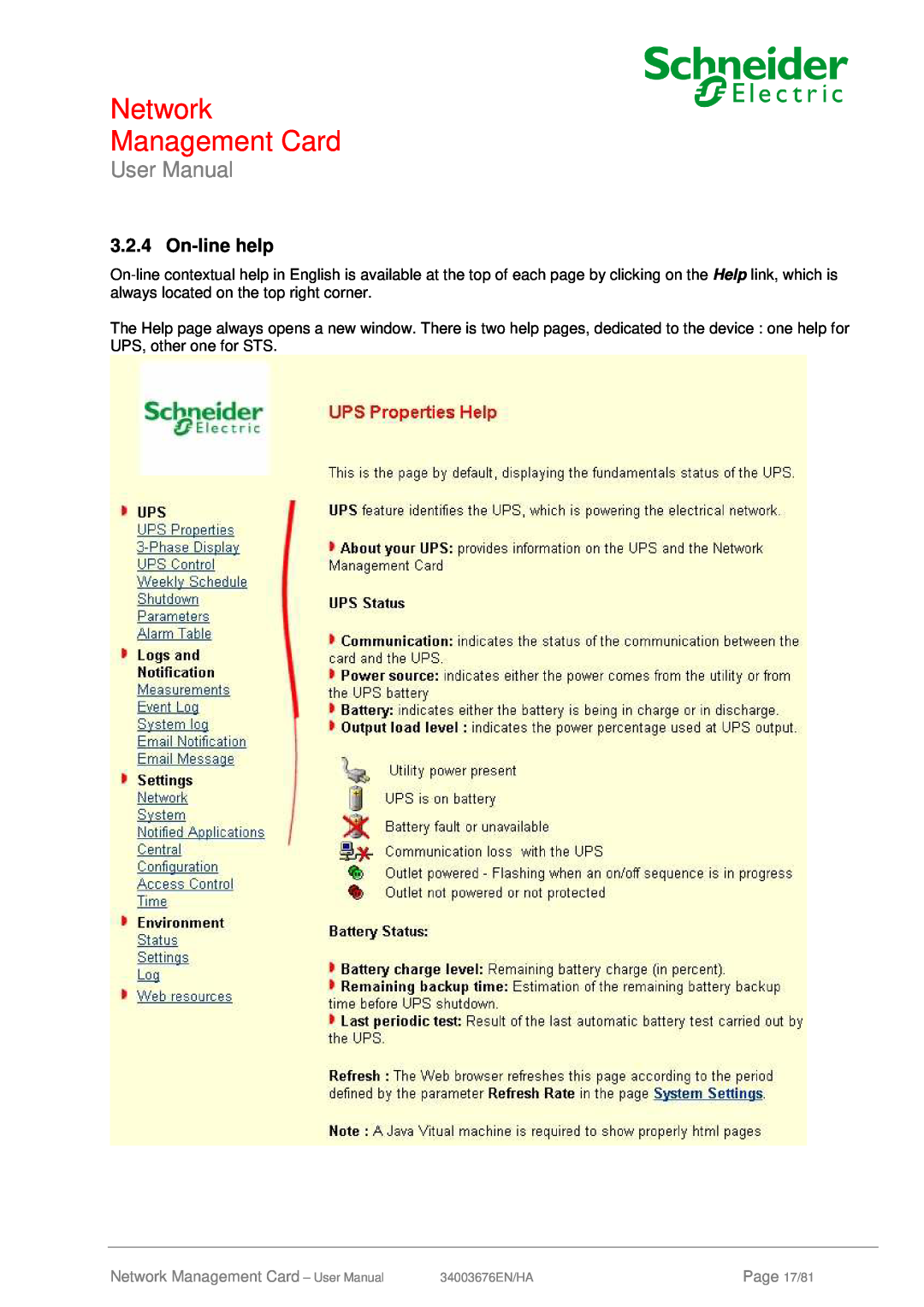 Schneider Electric 66074, 66846 user manual On-line help, Network Management Card - User Manual, Page 17/81 