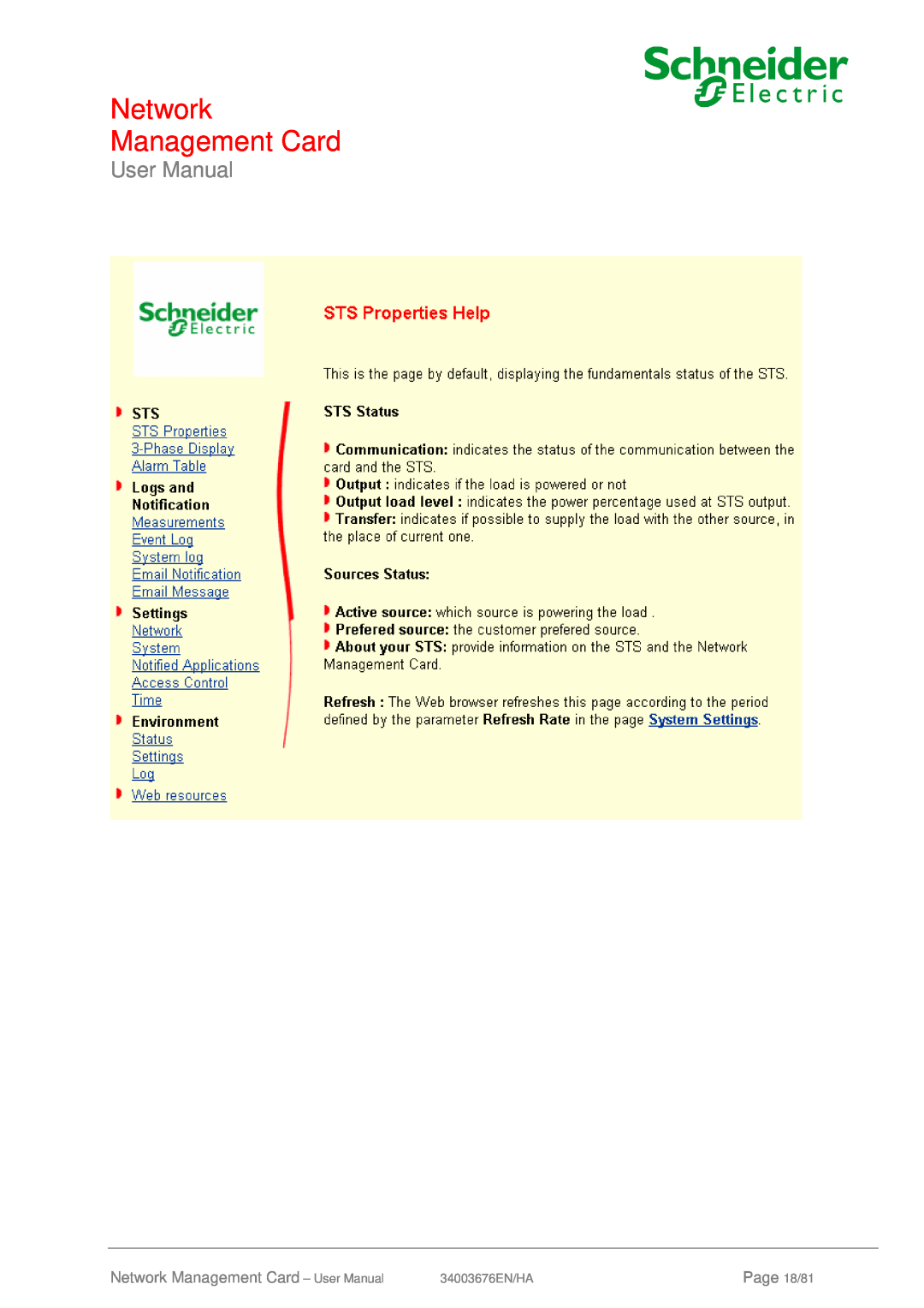 Schneider Electric 66846, 66074 user manual Network Management Card - User Manual, Page 18/81, 34003676EN/HA 