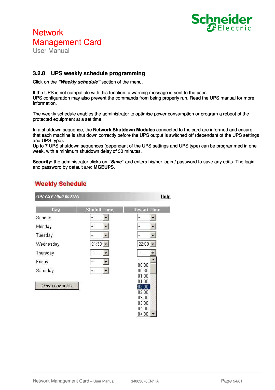 Schneider Electric 66846, 66074 UPS weekly schedule programming, Network Management Card, User Manual, Page 24/81 