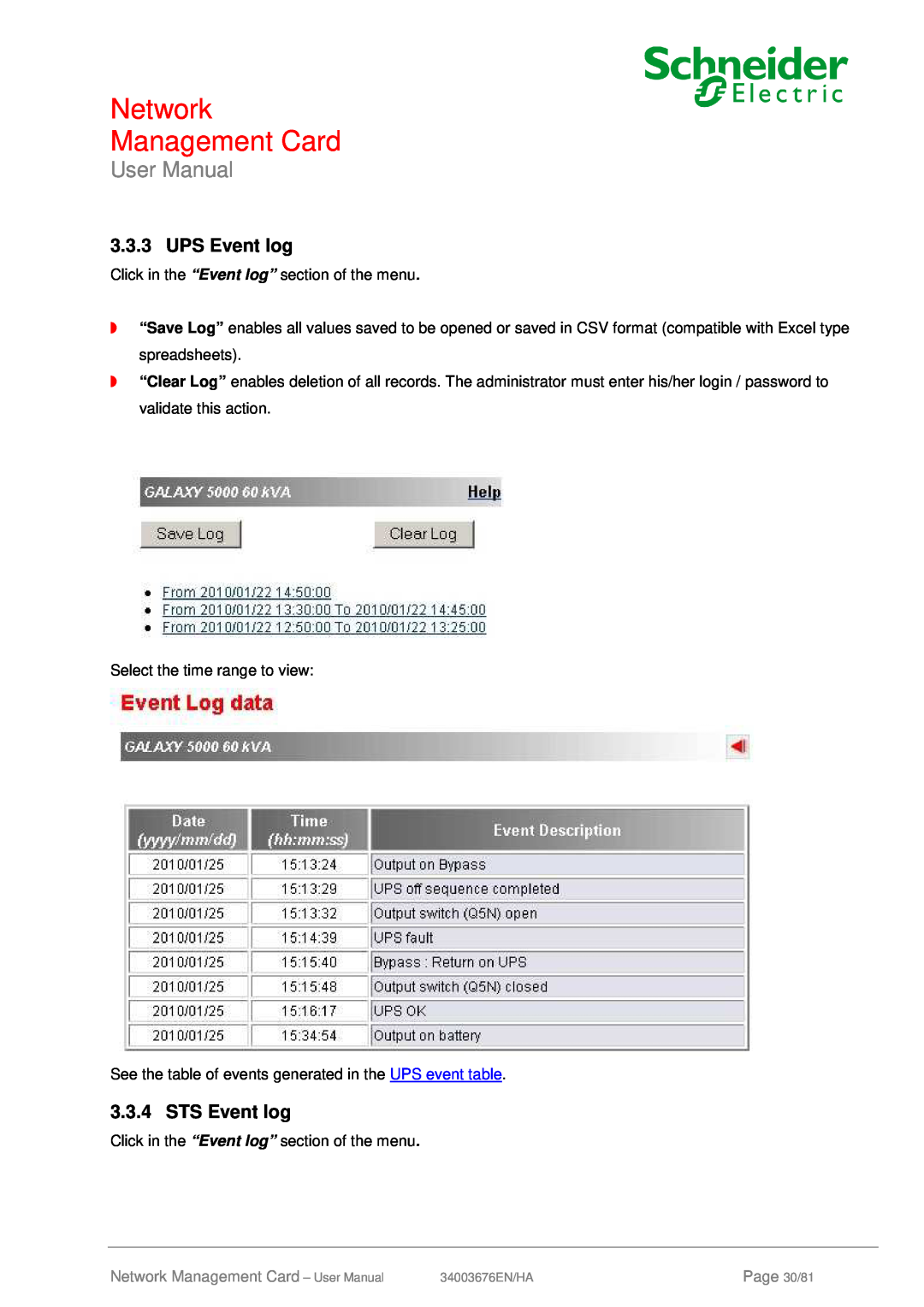 Schneider Electric 66846, 66074 user manual UPS Event log, STS Event log, Network Management Card, User Manual, Page 30/81 