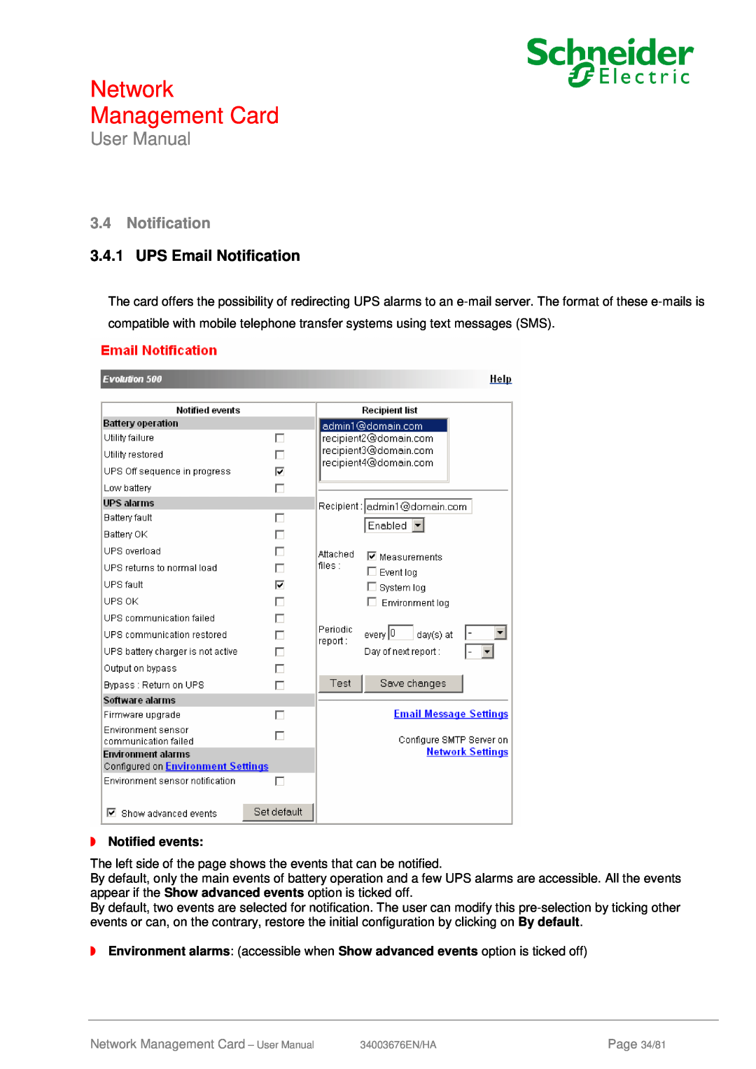 Schneider Electric 66846 UPS Email Notification, Network Management Card, User Manual, Notified events, Page 34/81 