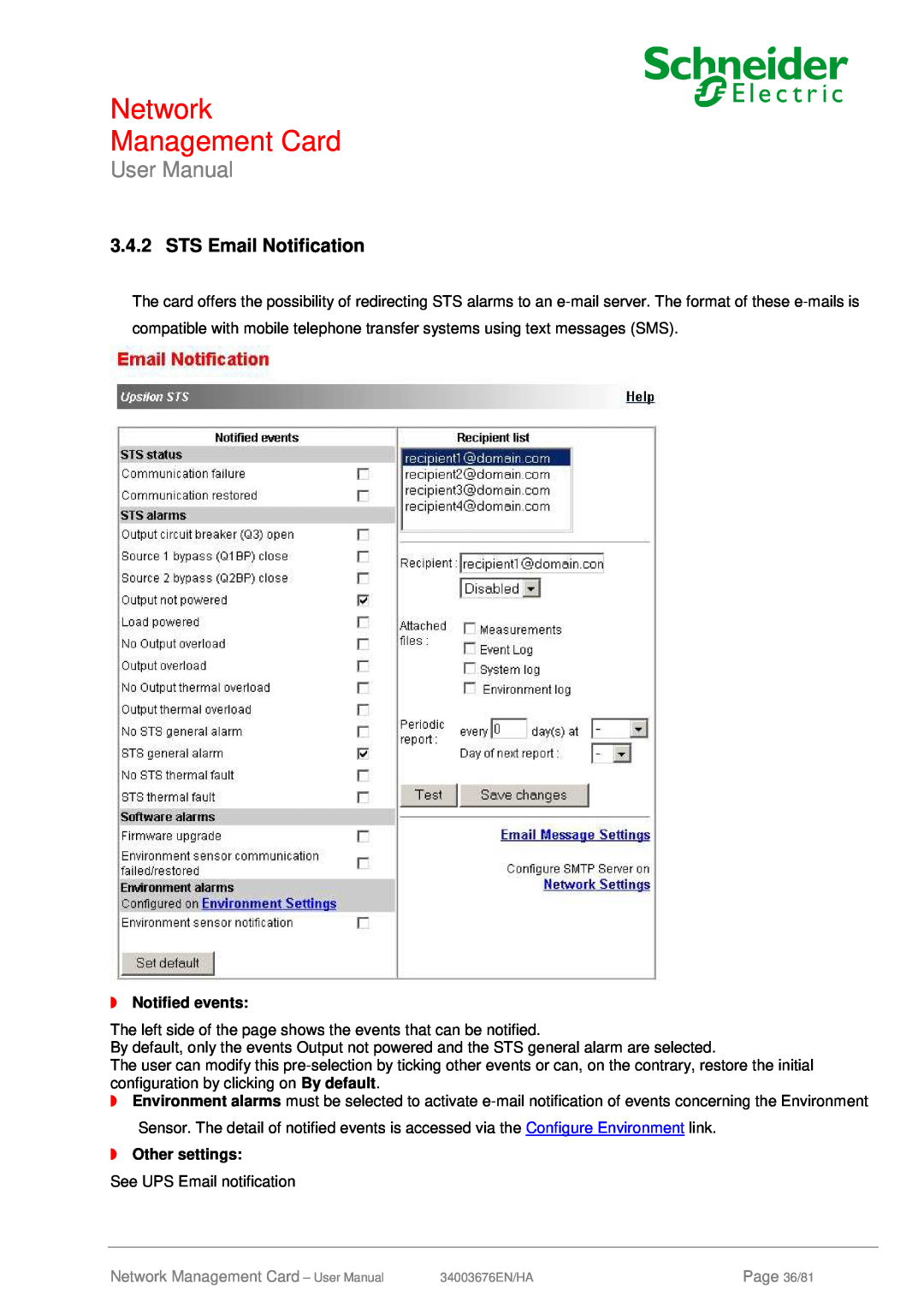 Schneider Electric 66846 STS Email Notification, Network Management Card, User Manual, Notified events, Other settings 