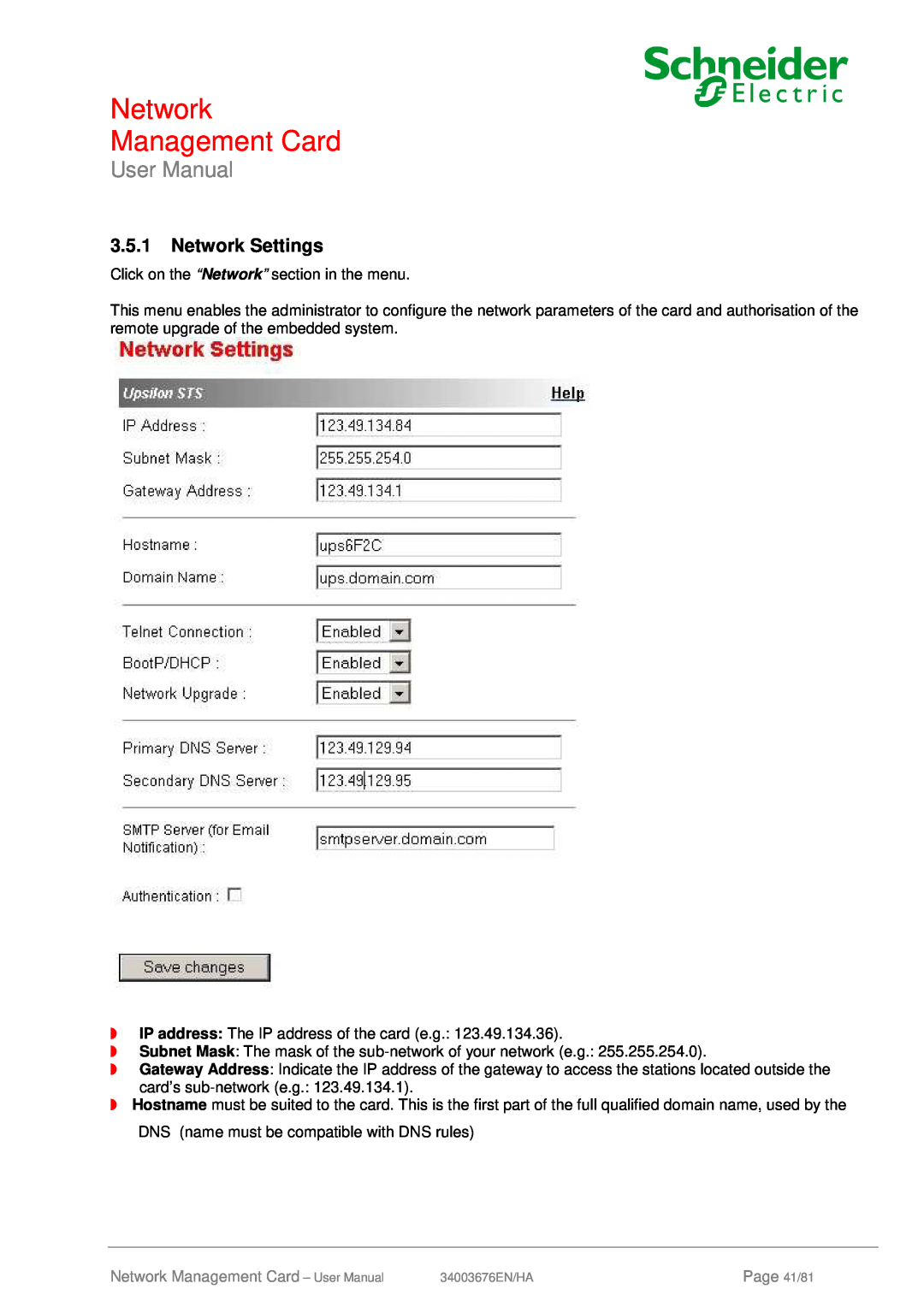Schneider Electric 66074, 66846 user manual Network Settings, Network Management Card - User Manual, Page 41/81 