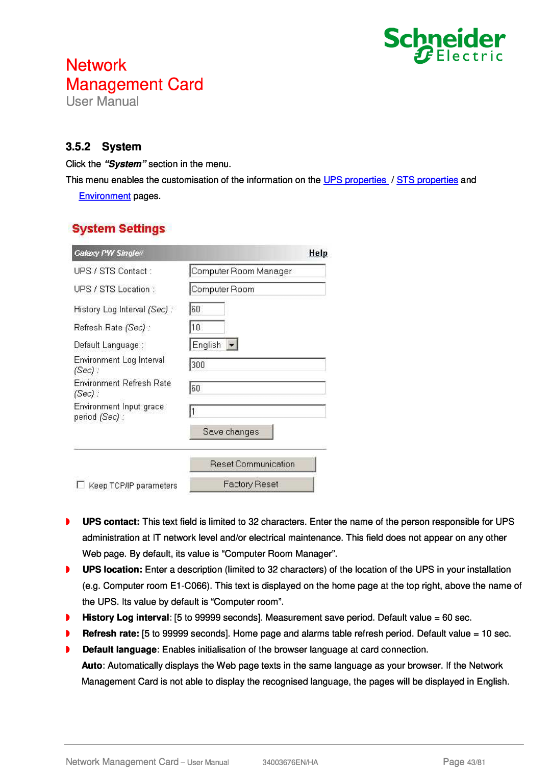 Schneider Electric 66074, 66846 user manual System, Network Management Card - User Manual, Page 43/81 