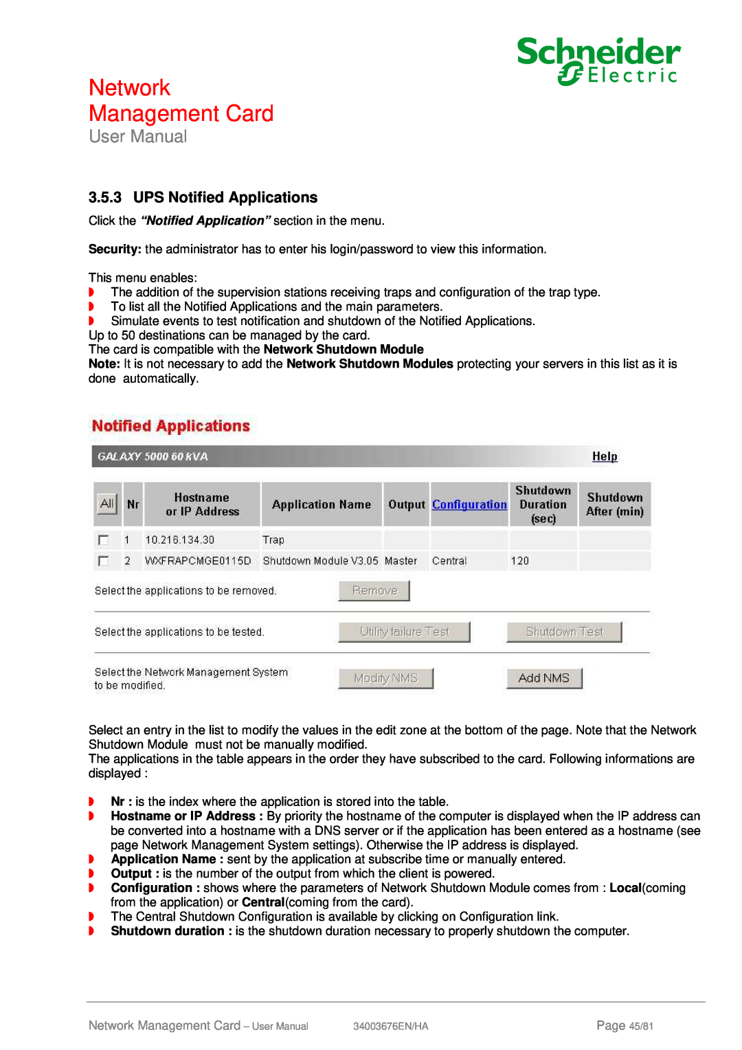 Schneider Electric 66074, 66846 user manual UPS Notified Applications, Network Management Card, User Manual, Page 45/81 