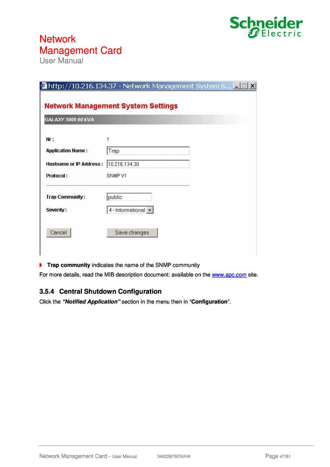 Schneider Electric 66074 Central Shutdown Configuration, Network Management Card, User Manual, Page 47/81, 34003676EN/HA 