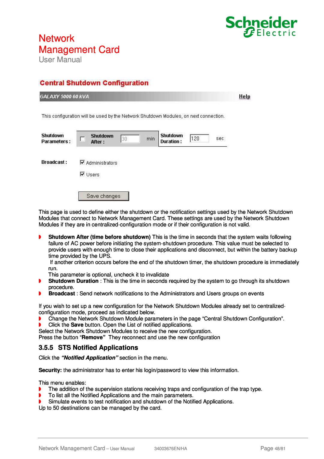 Schneider Electric 66846, 66074 user manual STS Notified Applications, Network Management Card, User Manual, Page 48/81 