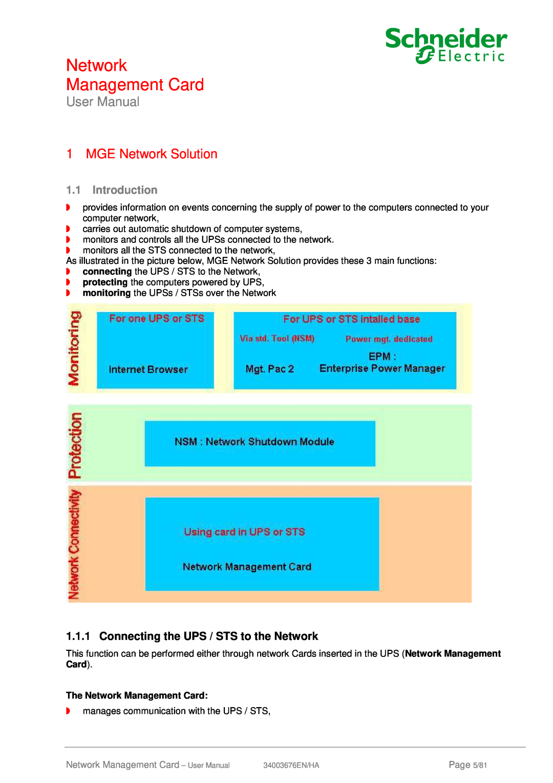Schneider Electric 66074, 66846 MGE Network Solution, Introduction, Connecting the UPS / STS to the Network, User Manual 