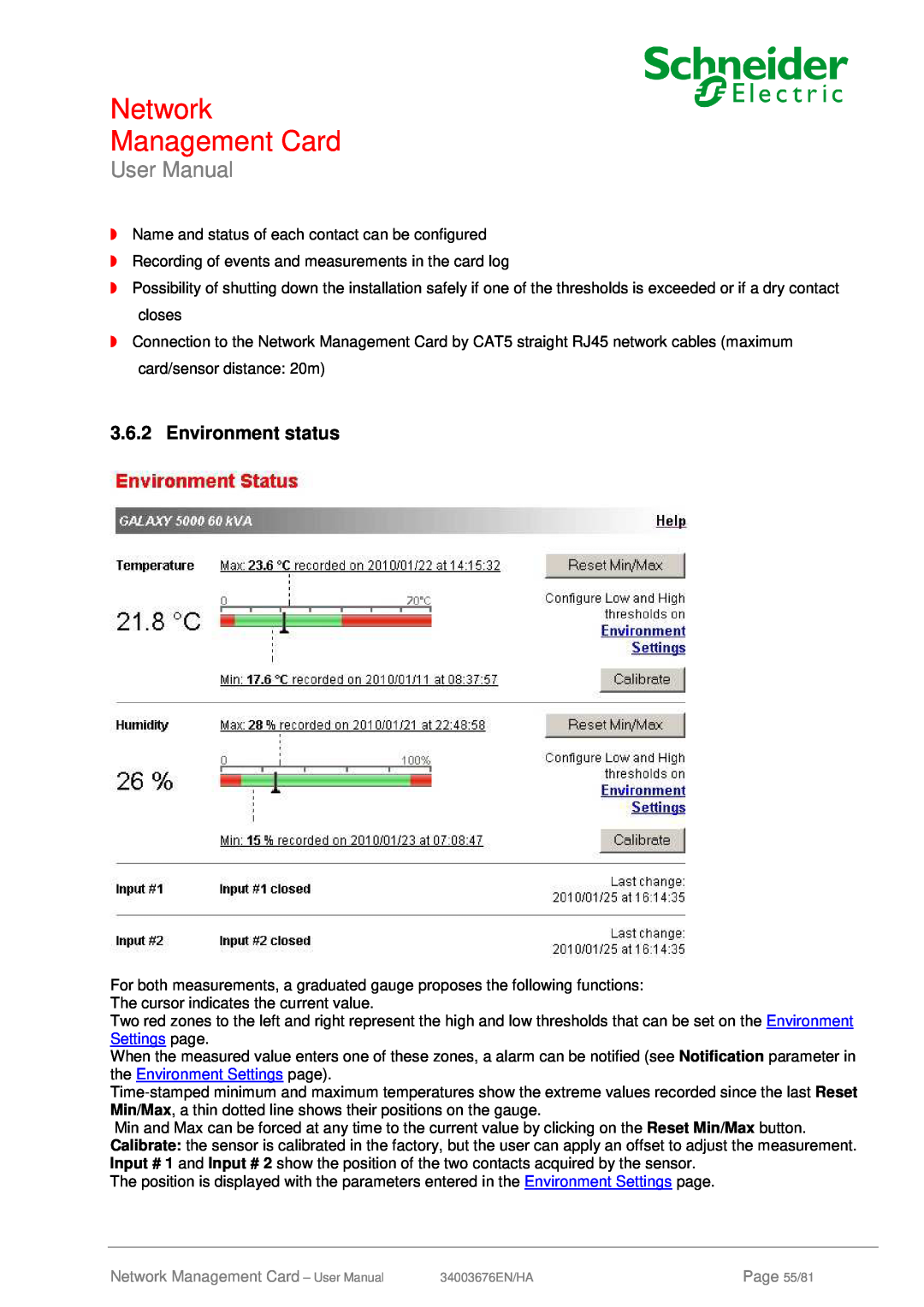 Schneider Electric 66074, 66846 user manual Environment status, Network Management Card - User Manual, Page 55/81 