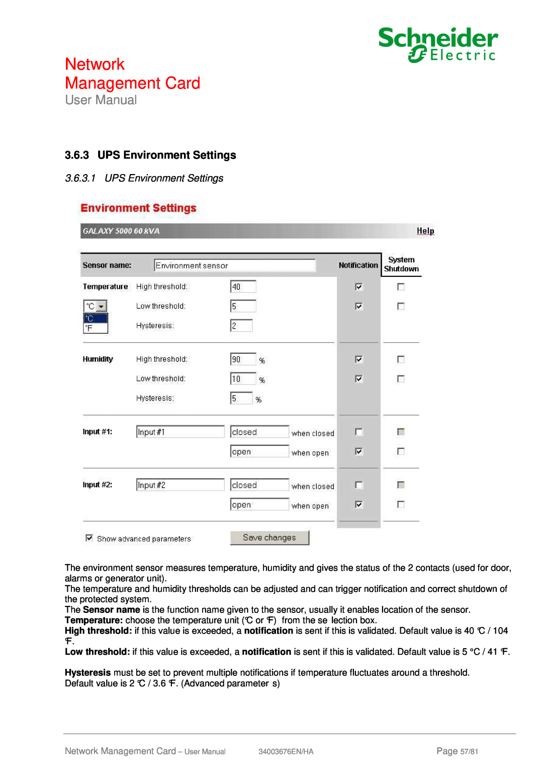 Schneider Electric 66074, 66846 user manual UPS Environment Settings, Network Management Card, User Manual, Page 57/81 