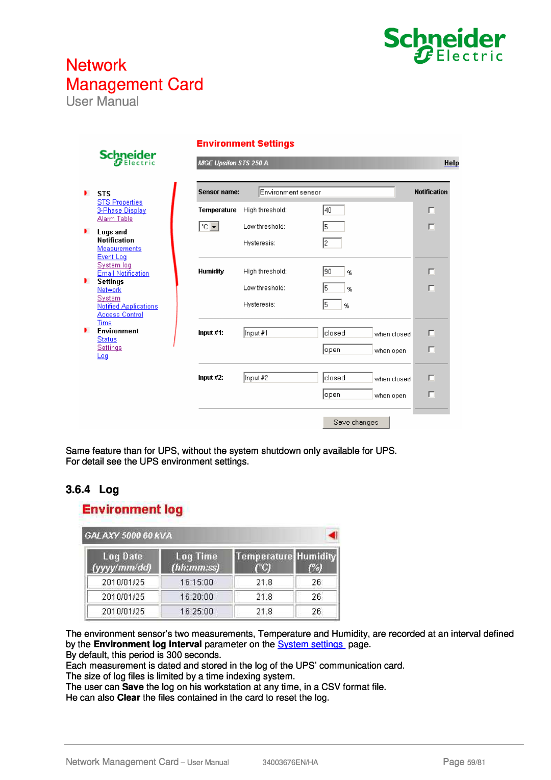 Schneider Electric 66074, 66846 user manual 3.6.4 Log, Network Management Card - User Manual, Page 59/81 