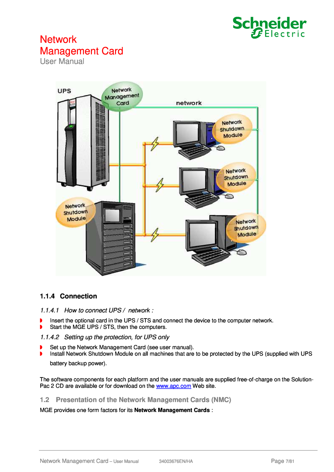 Schneider Electric 66074, 66846 Connection, Presentation of the Network Management Cards NMC, User Manual, Page 7/81 