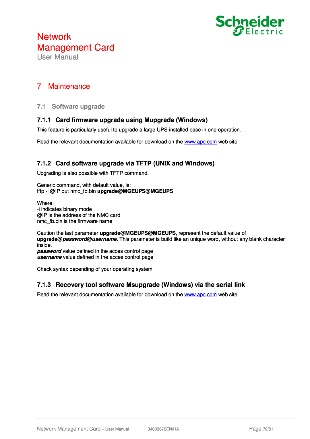 Schneider Electric 66846, 66074 Maintenance, Software upgrade, Card firmware upgrade using Mupgrade Windows, User Manual 