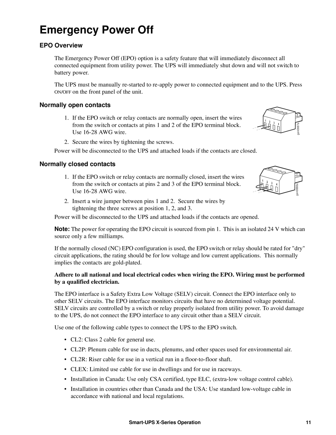 Schneider Electric 750VA Emergency Power Off, EPO Overview, Normally open contacts, Normally closed contacts 