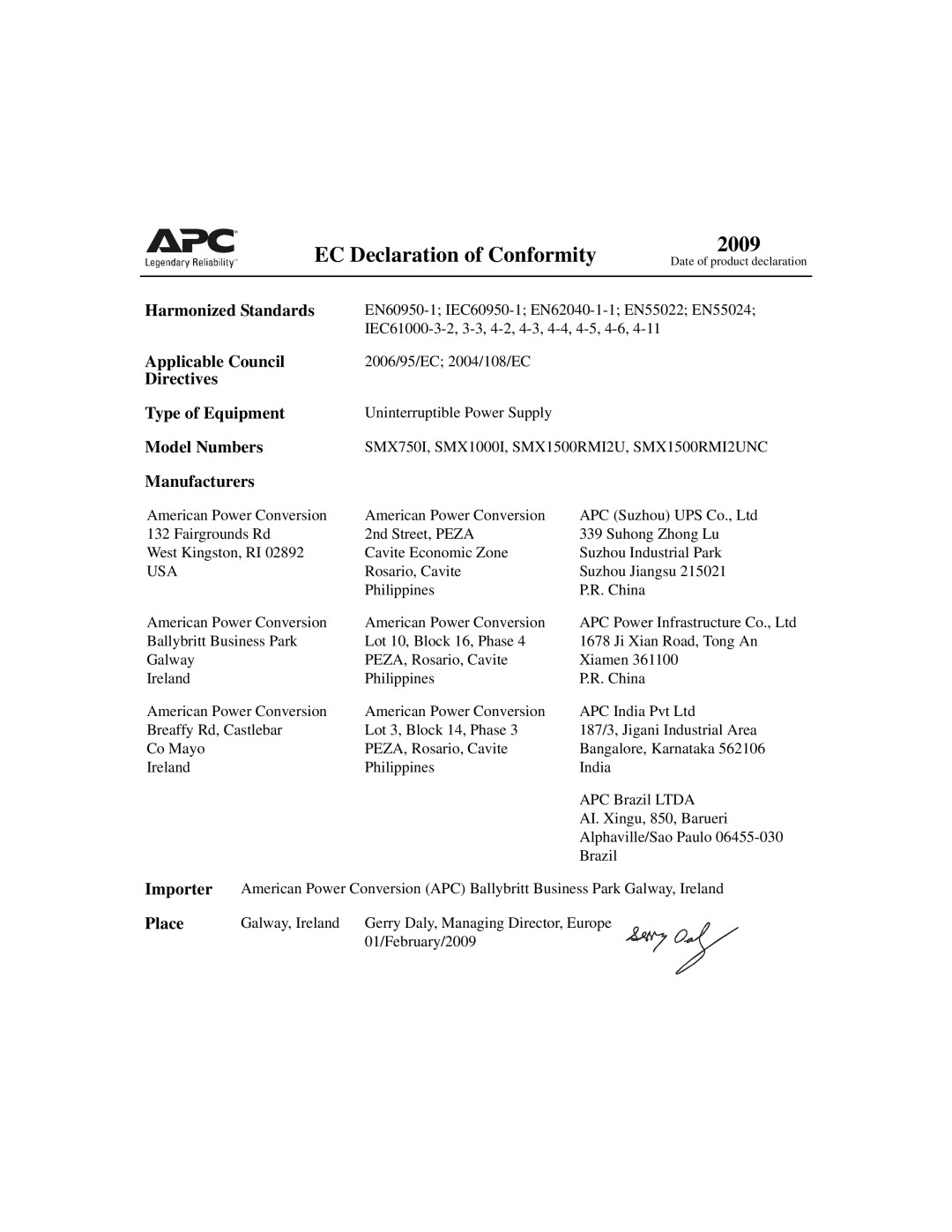 Schneider Electric 750VA Harmonized Standards, Applicable Council, Directives Type of Equipment, Model Numbers, Importer 