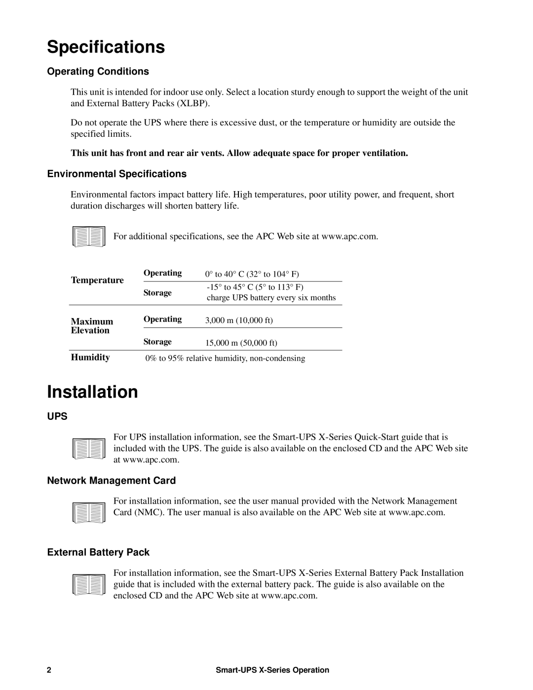 Schneider Electric 750VA operation manual Installation, Operating Conditions, Environmental Specifications 