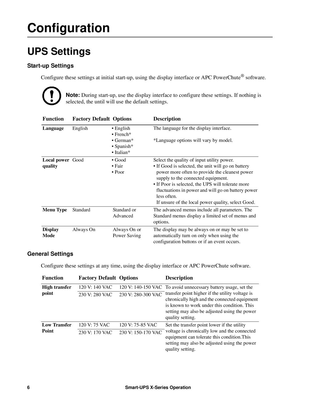 Schneider Electric 750VA operation manual Configuration, UPS Settings, Start-up Settings, General Settings 