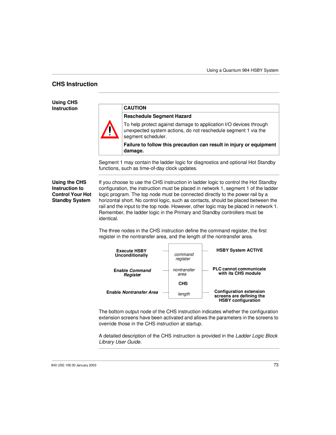 Schneider Electric 840 USE 106 0 manual CHS Instruction, Execute Hsby Unconditionally Enable Command, Hsby System Active 