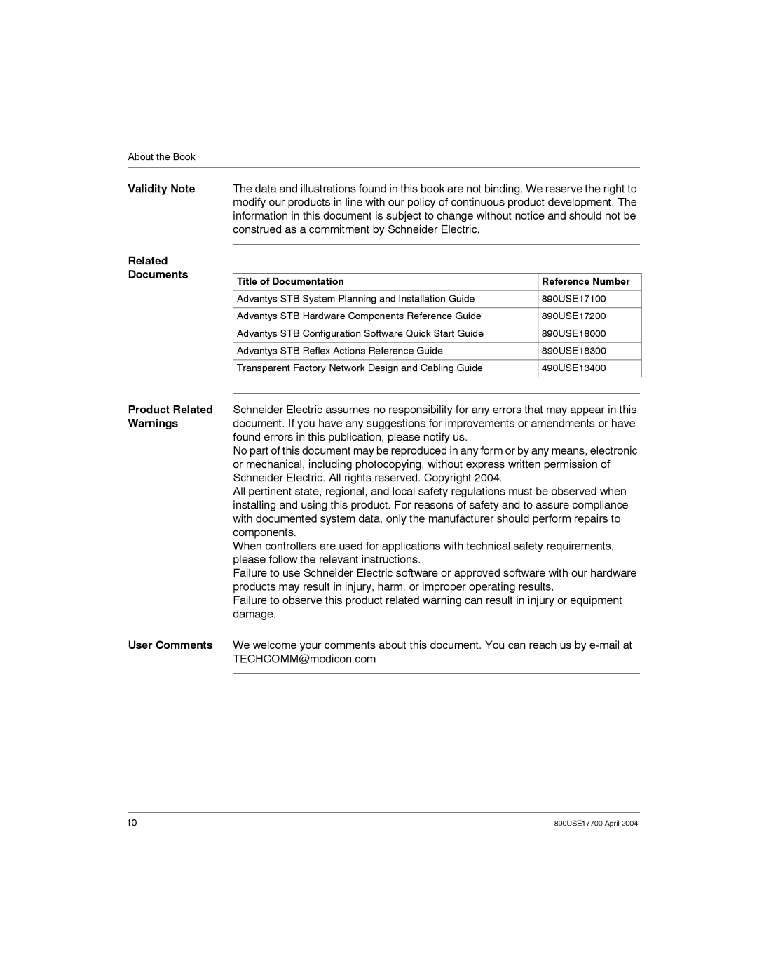 Schneider Electric 890USE17700 manual Validity Note Related Documents, Title of Documentation Reference Number 