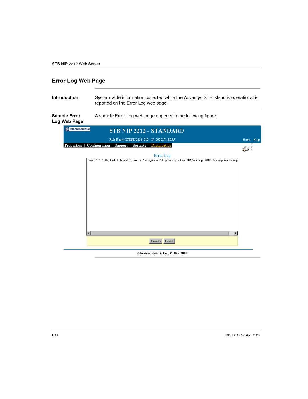 Schneider Electric 890USE17700 manual Error Log Web, Reported on the Error Log web 