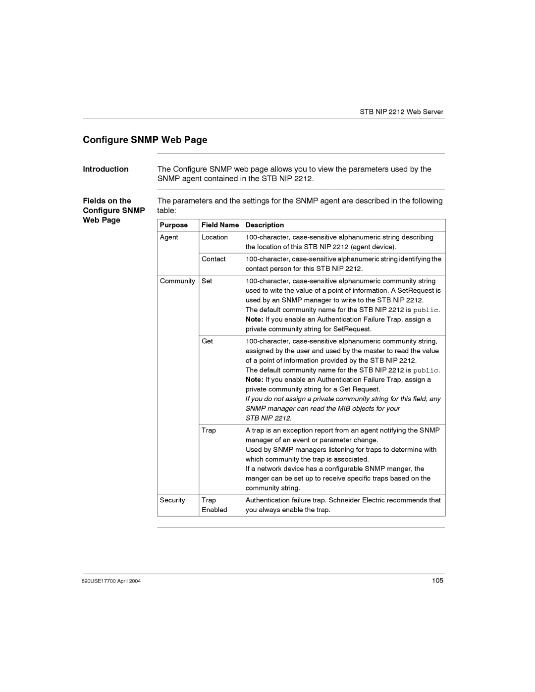 Schneider Electric 890USE17700 Introduction Fields on the Configure Snmp Web, Purpose Field Name Description, Stb Nip 