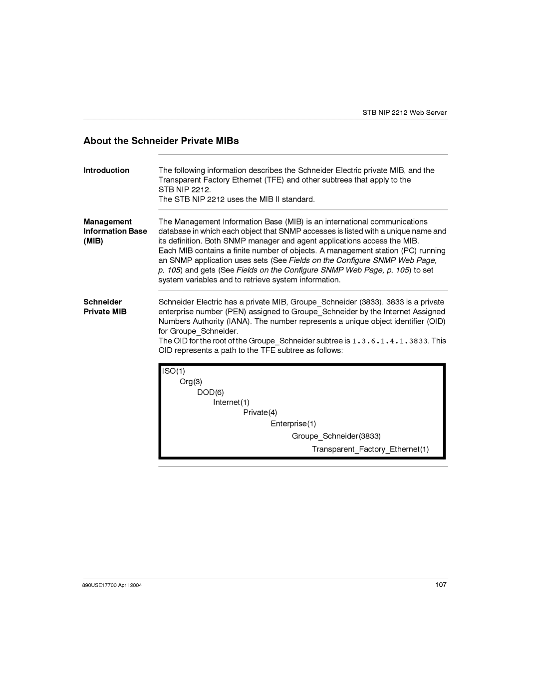 Schneider Electric 890USE17700 manual About the Schneider Private MIBs, Information Base, Mib 