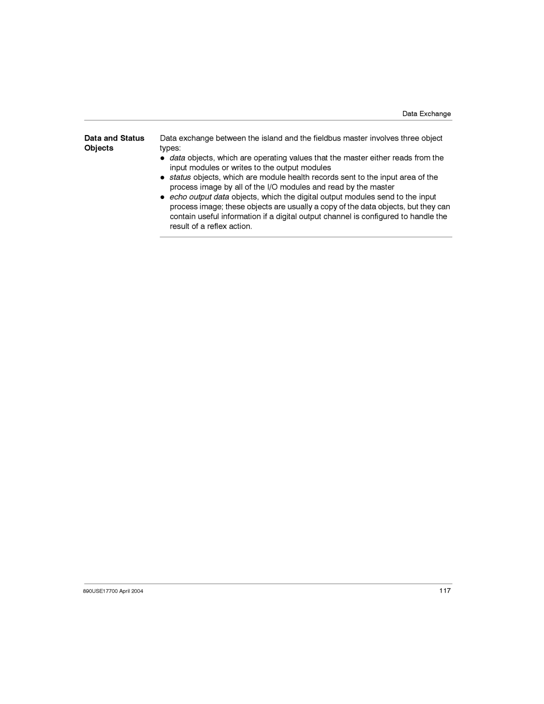 Schneider Electric 890USE17700 manual Data and Status, Objects, Types, Input modules or writes to the output modules 