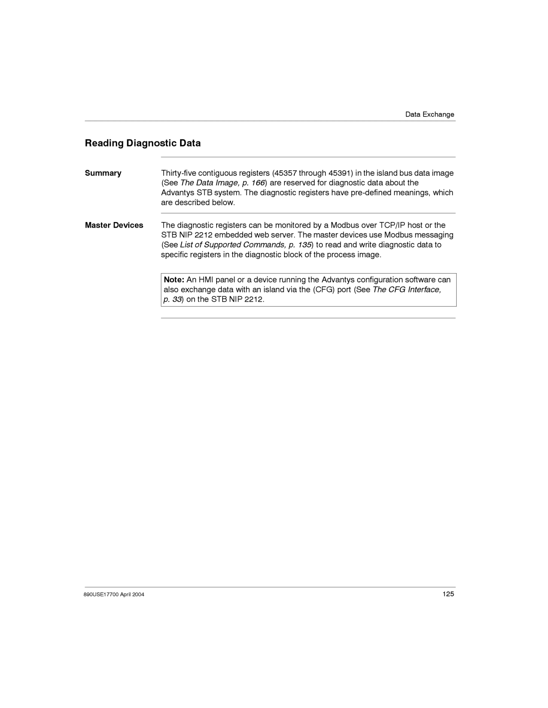 Schneider Electric 890USE17700 manual Reading Diagnostic Data, Are described below, Master Devices, On the STB NIP 