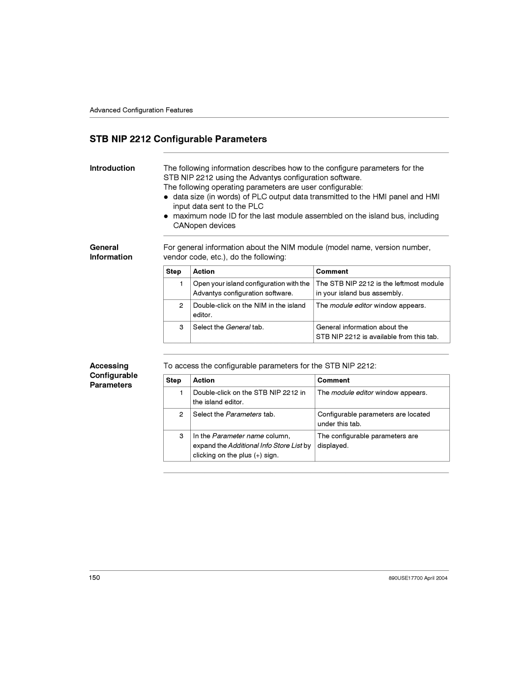 Schneider Electric 890USE17700 manual STB NIP 2212 Configurable Parameters, General, Information 