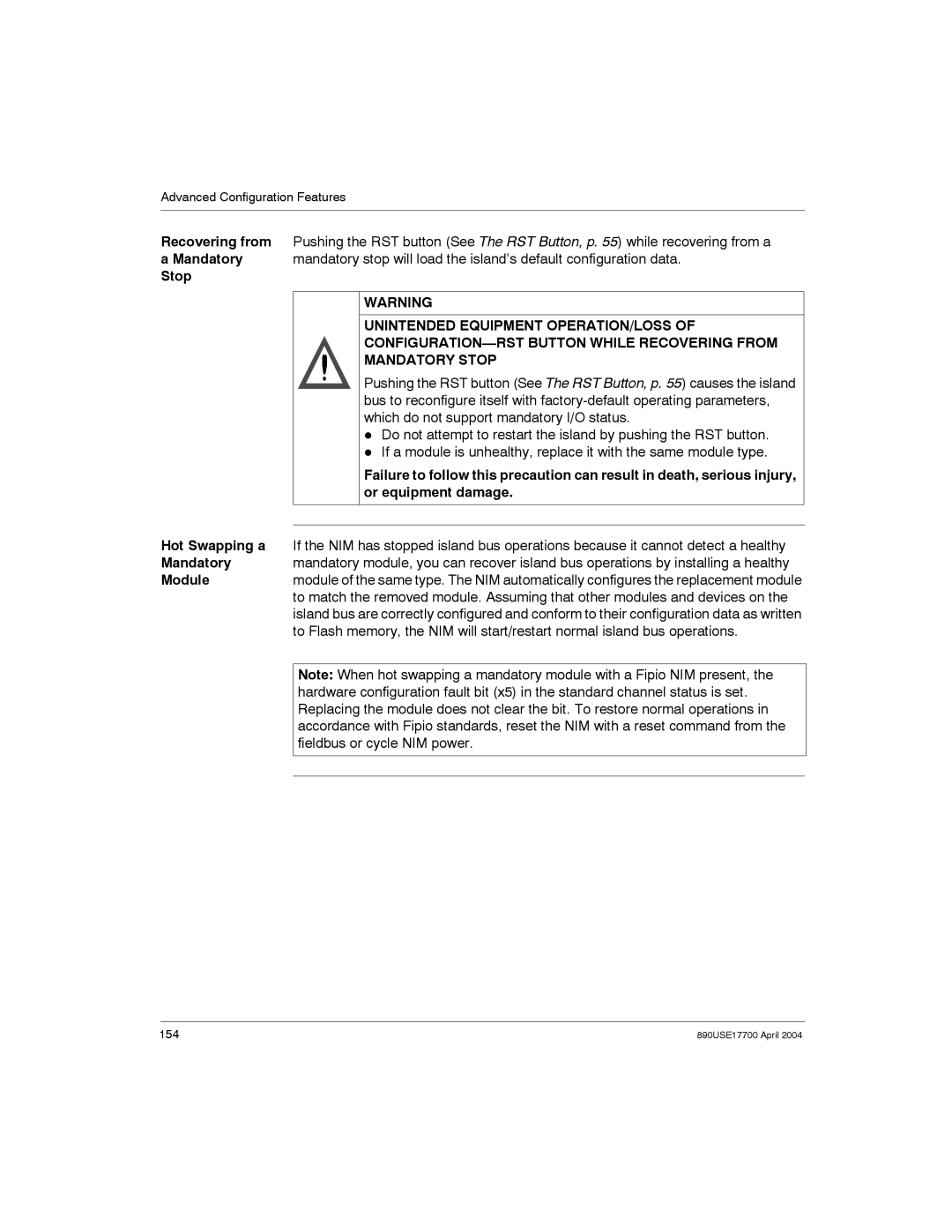 Schneider Electric 890USE17700 manual Unintended Equipment OPERATION/LOSS, CONFIGURATION-RST Button While Recovering from 