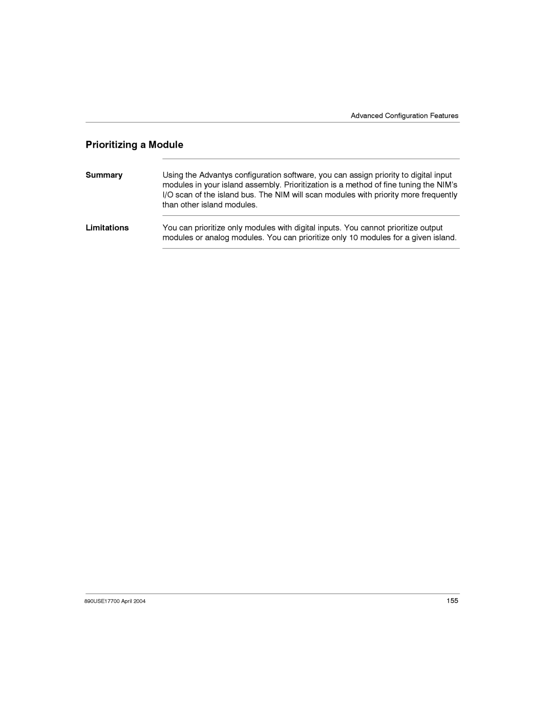 Schneider Electric 890USE17700 manual Prioritizing a Module, Than other island modules, Limitations 