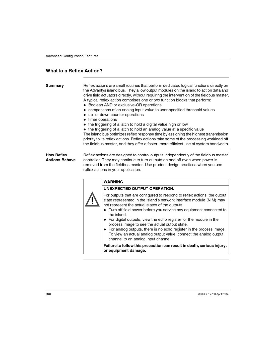 Schneider Electric 890USE17700 manual What Is a Reflex Action?, How Reflex, Actions Behave, Unexpected Output Operation 