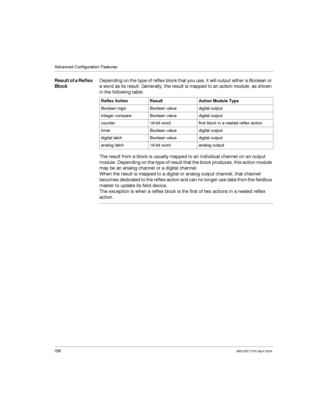 Schneider Electric 890USE17700 manual Reflex Action Result Action Module Type 