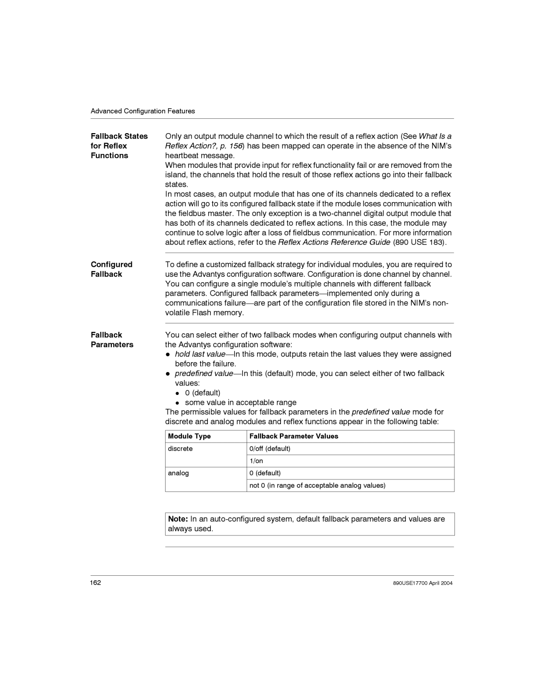 Schneider Electric 890USE17700 manual Fallback States, For Reflex, Functions 