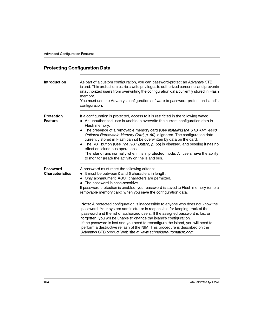 Schneider Electric 890USE17700 manual Protecting Configuration Data, Protection, Feature, Characteristics 