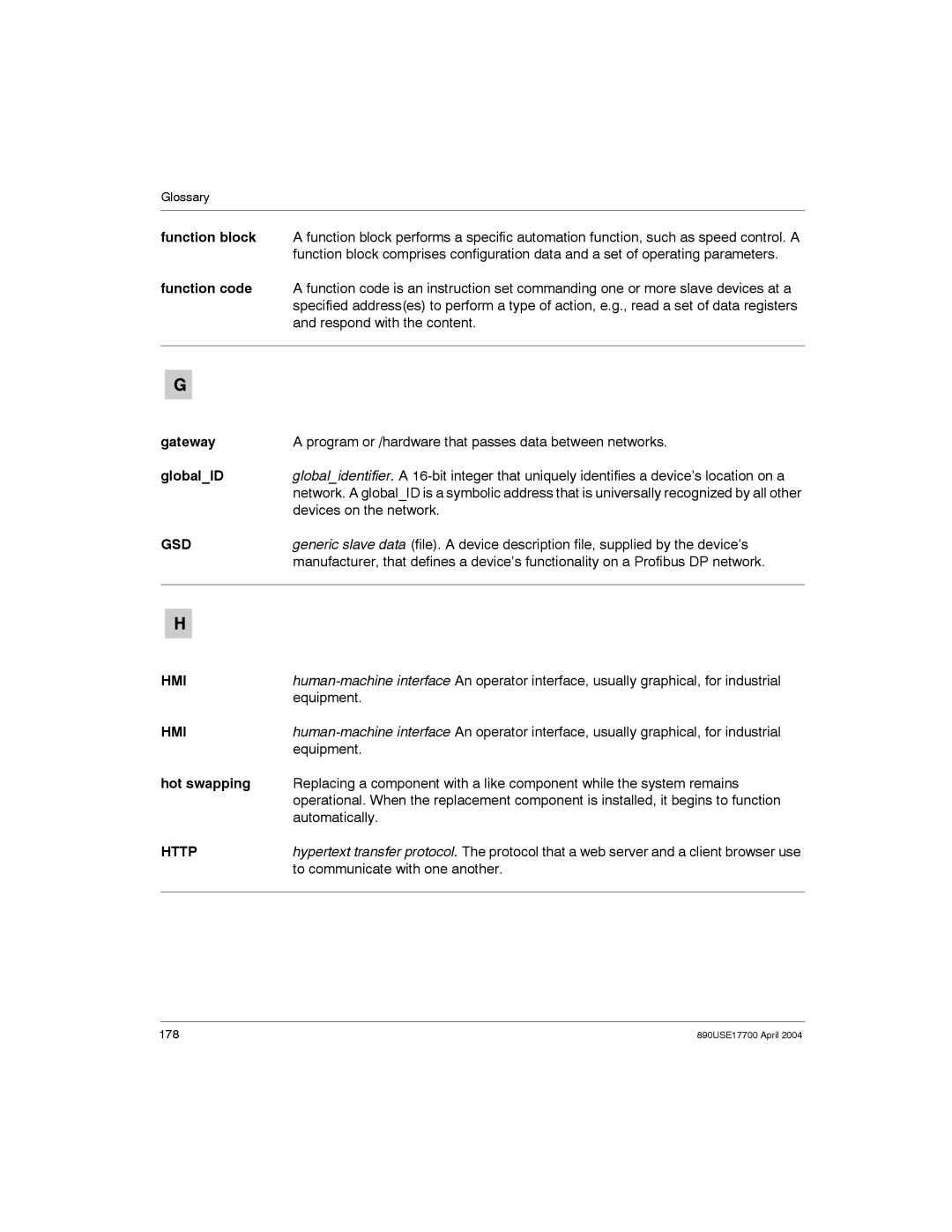 Schneider Electric 890USE17700 manual Gateway, Program or /hardware that passes data between networks, GlobalID, Gsd 