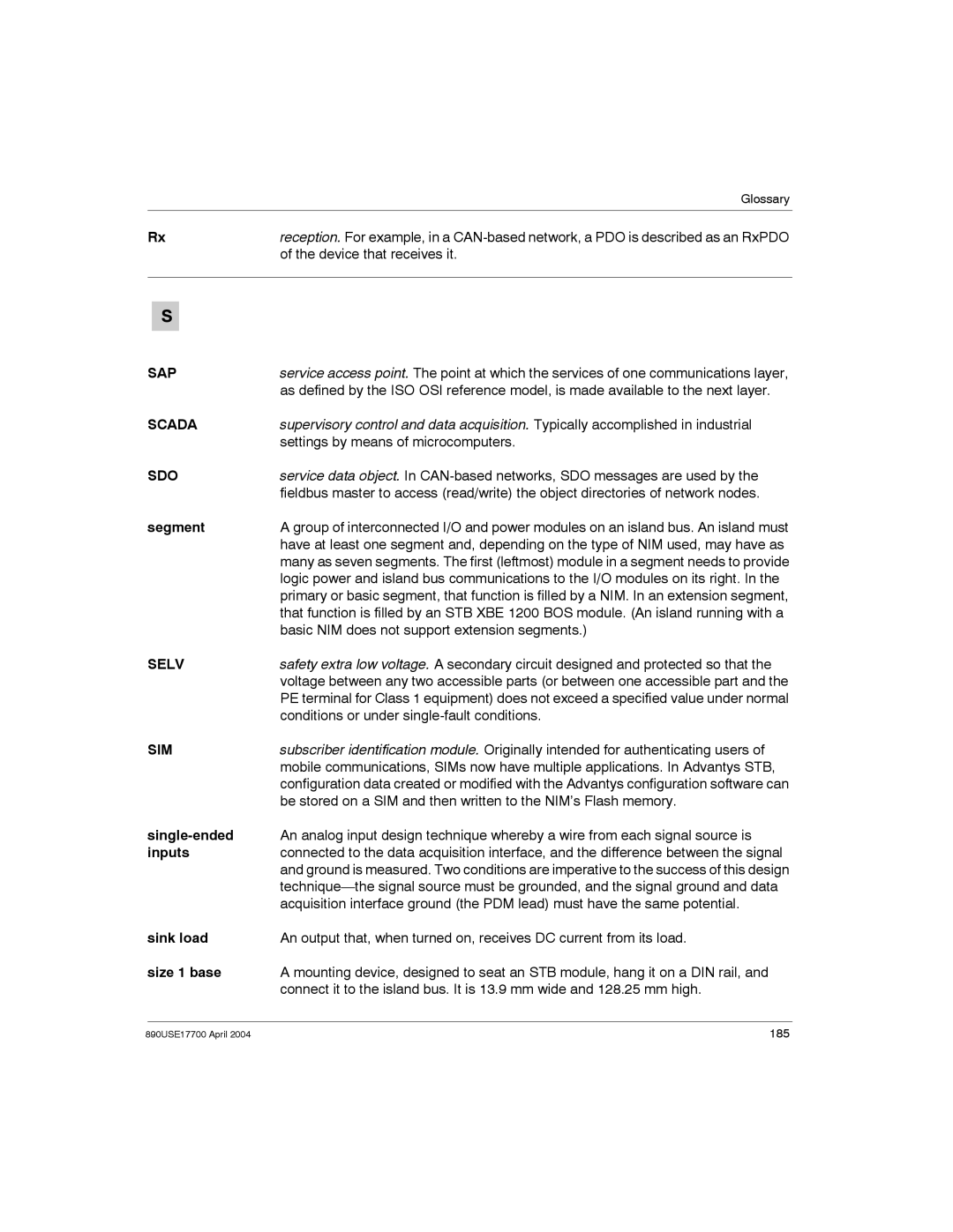 Schneider Electric 890USE17700 manual Sap, Scada, Sdo, Selv, Sim 