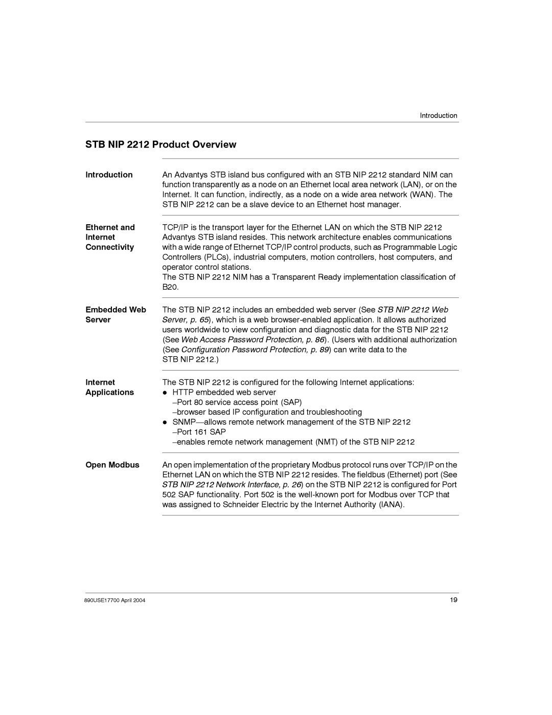 Schneider Electric 890USE17700 manual STB NIP 2212 Product Overview 