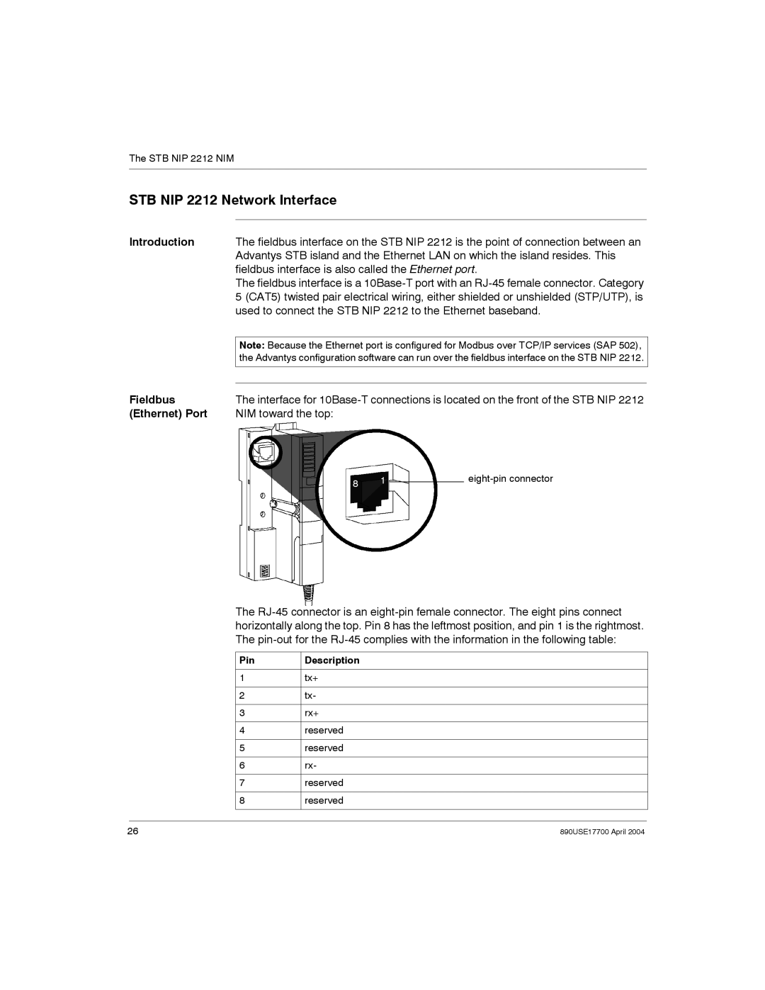 Schneider Electric 890USE17700 manual STB NIP 2212 Network Interface, Fieldbus interface is also called the Ethernet port 