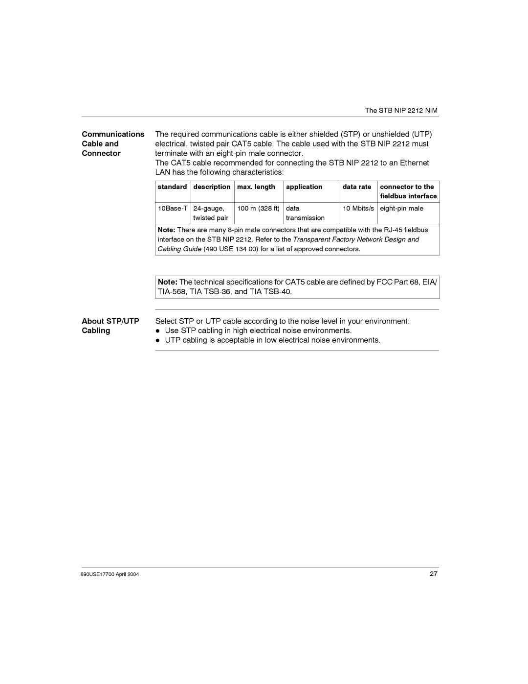 Schneider Electric 890USE17700 manual Communications, Cable, Connector 