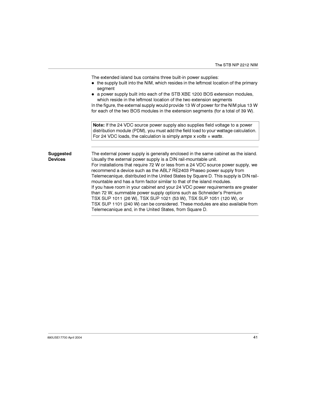 Schneider Electric 890USE17700 manual Suggested, TSX SUP 26 W, TSX SUP 1021 53 W, TSX SUP 1051 120 W, or 