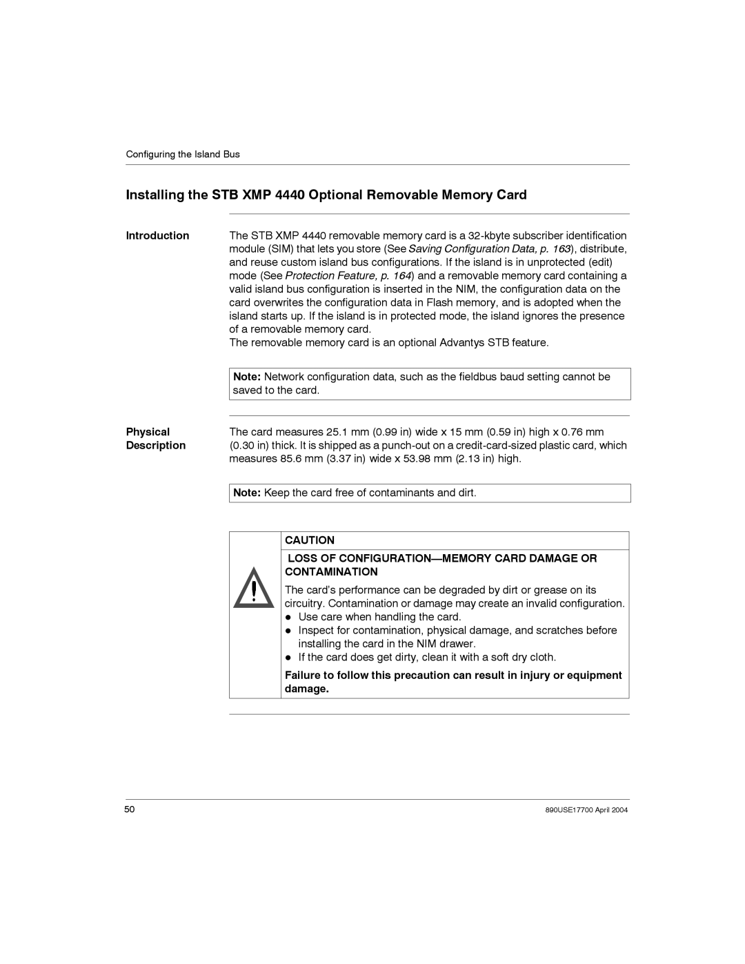 Schneider Electric 890USE17700 manual Installing the STB XMP 4440 Optional Removable Memory Card, Contamination 