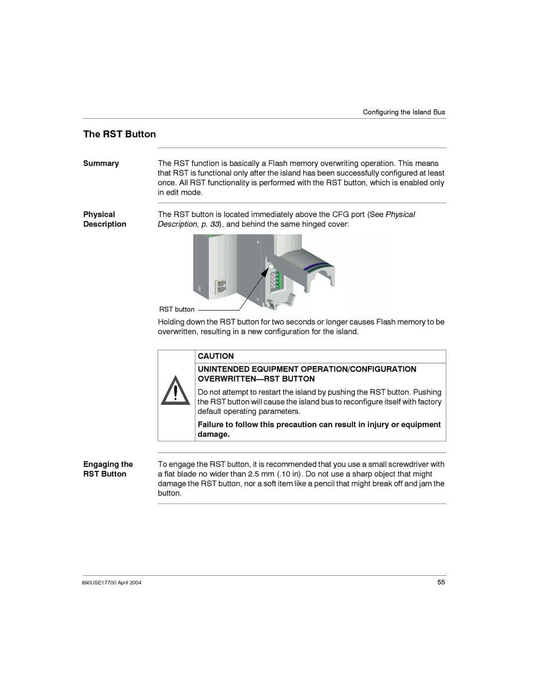 Schneider Electric 890USE17700 manual RST Button, Edit mode, Description, p , and behind the same hinged cover 