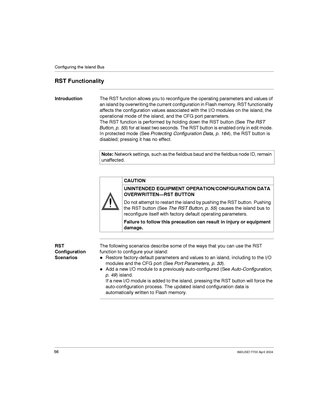 Schneider Electric 890USE17700 manual RST Functionality, Unintended Equipment OPERATION/CONFIGURATION Data, Rst 