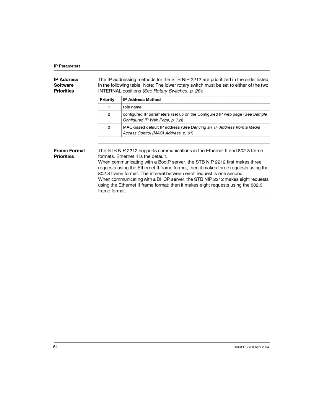 Schneider Electric 890USE17700 Software, Priorities, Internal positions See Rotary Switches, p, Priority IP Address Method 