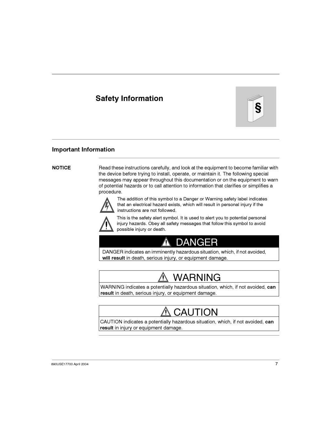 Schneider Electric 890USE17700 manual Safety Information, Important Information, Procedure 