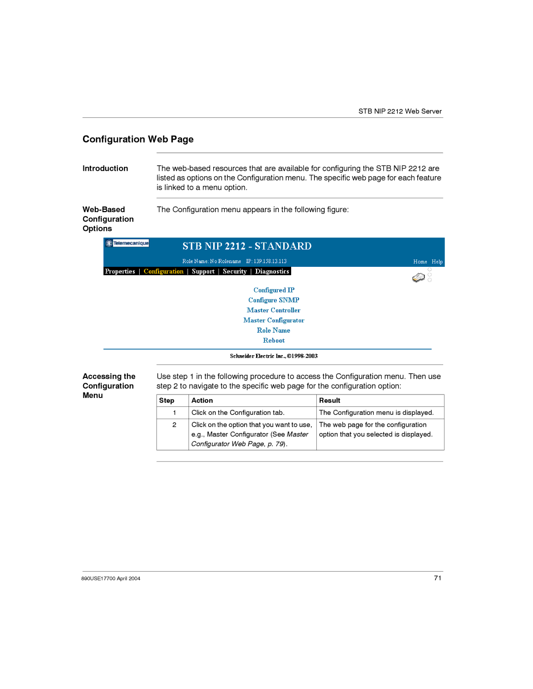 Schneider Electric 890USE17700 manual Configuration Web, Is linked to a menu option, Web-Based 