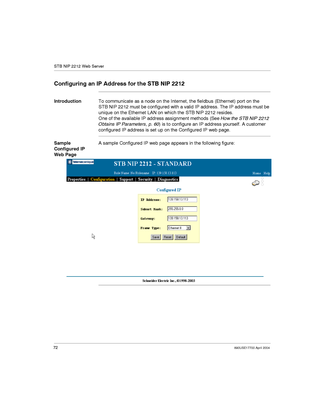 Schneider Electric 890USE17700 manual Configuring an IP Address for the STB NIP, Configured IP Web 